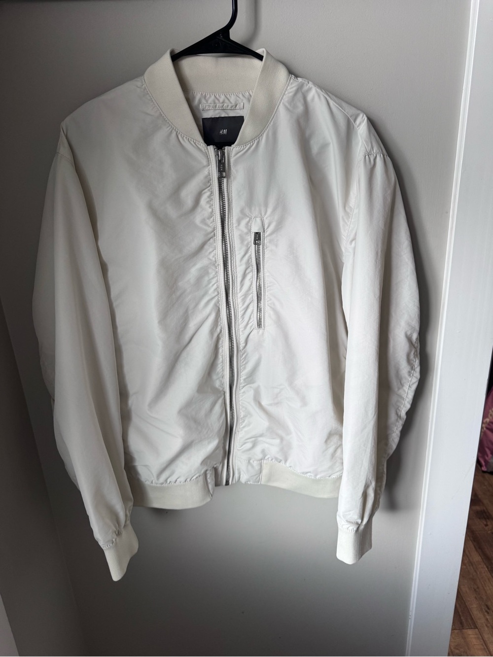 H&M Men's Off-White Bomber Jacket with Zip Chest Pocket like new condition